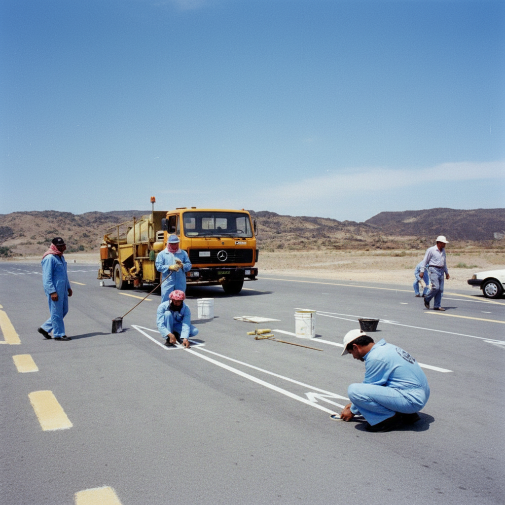 Road workers applying pavement markings